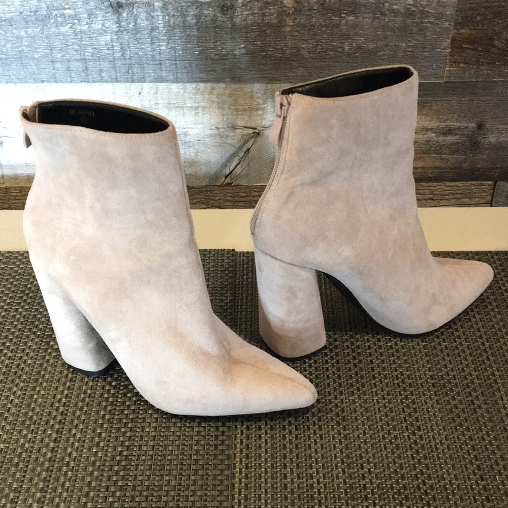 Fashion Nova size 6.5 tan suede pointy toe high heel boots.